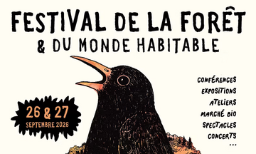 Affiche du Festival de la foret et du monde habitable a nestier des 26 et 27 septembre 2026, avec une liste des activités et une illustration d'oiseau